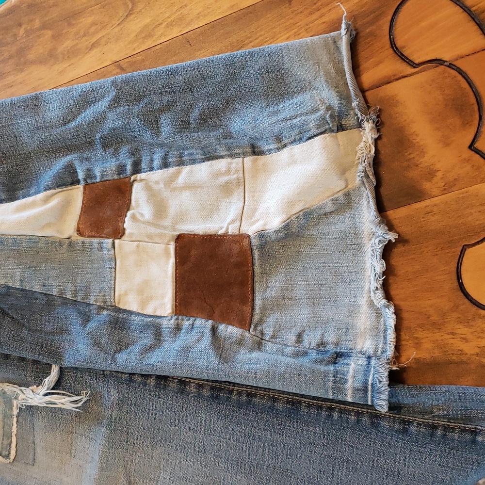 Ag Adriano Goldschmied Patchwork Blue Denim Bellbottom Jeans